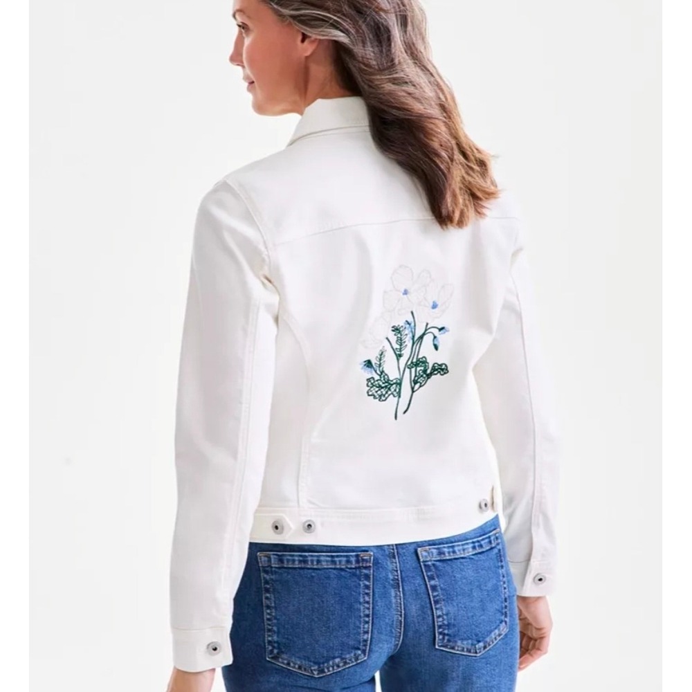 Style & Co Women 24W Off White Denim Jacket Floral Embroidered Back Pattern Yoke